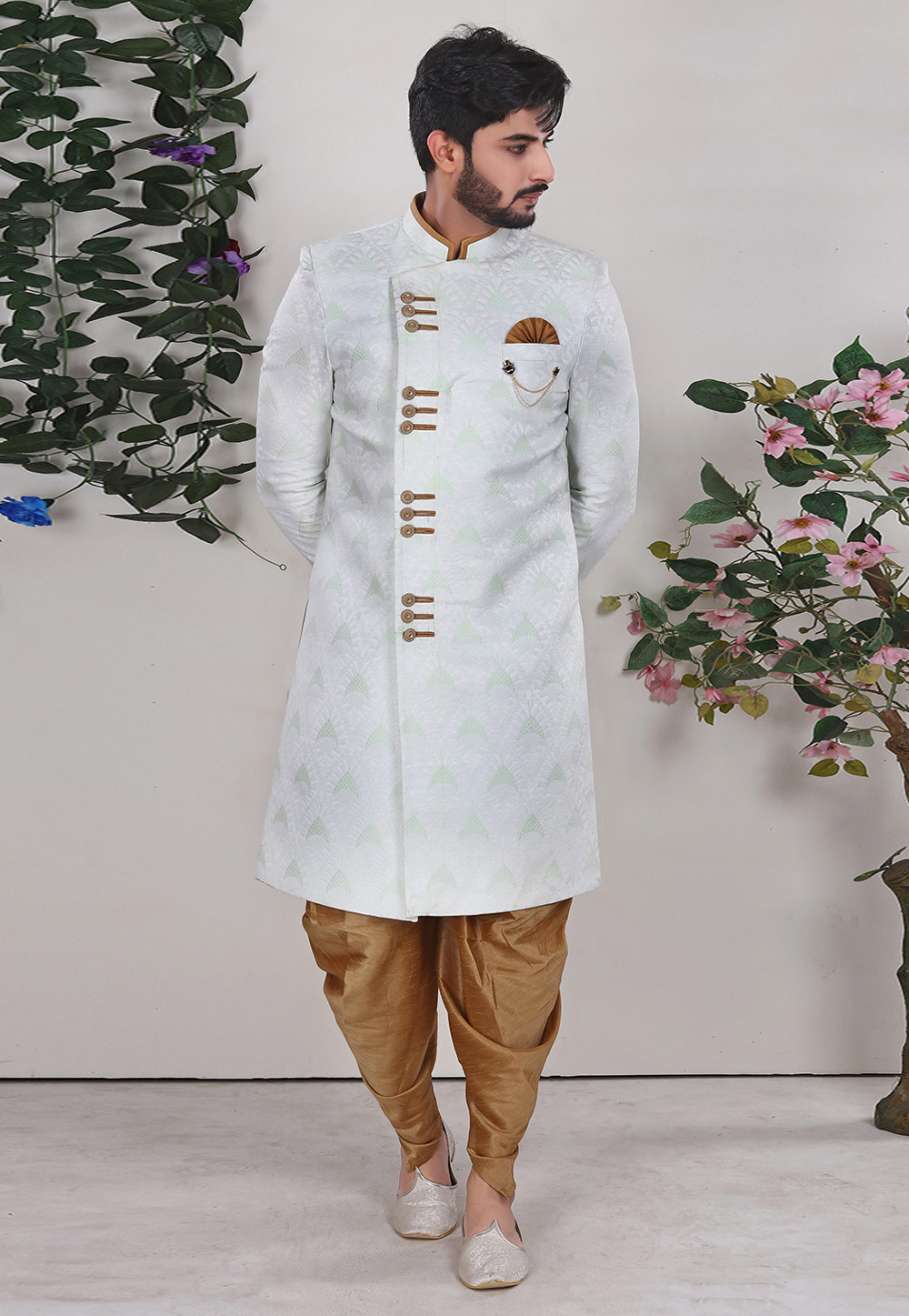 Off White Jacquard Indo Western Suit 225322