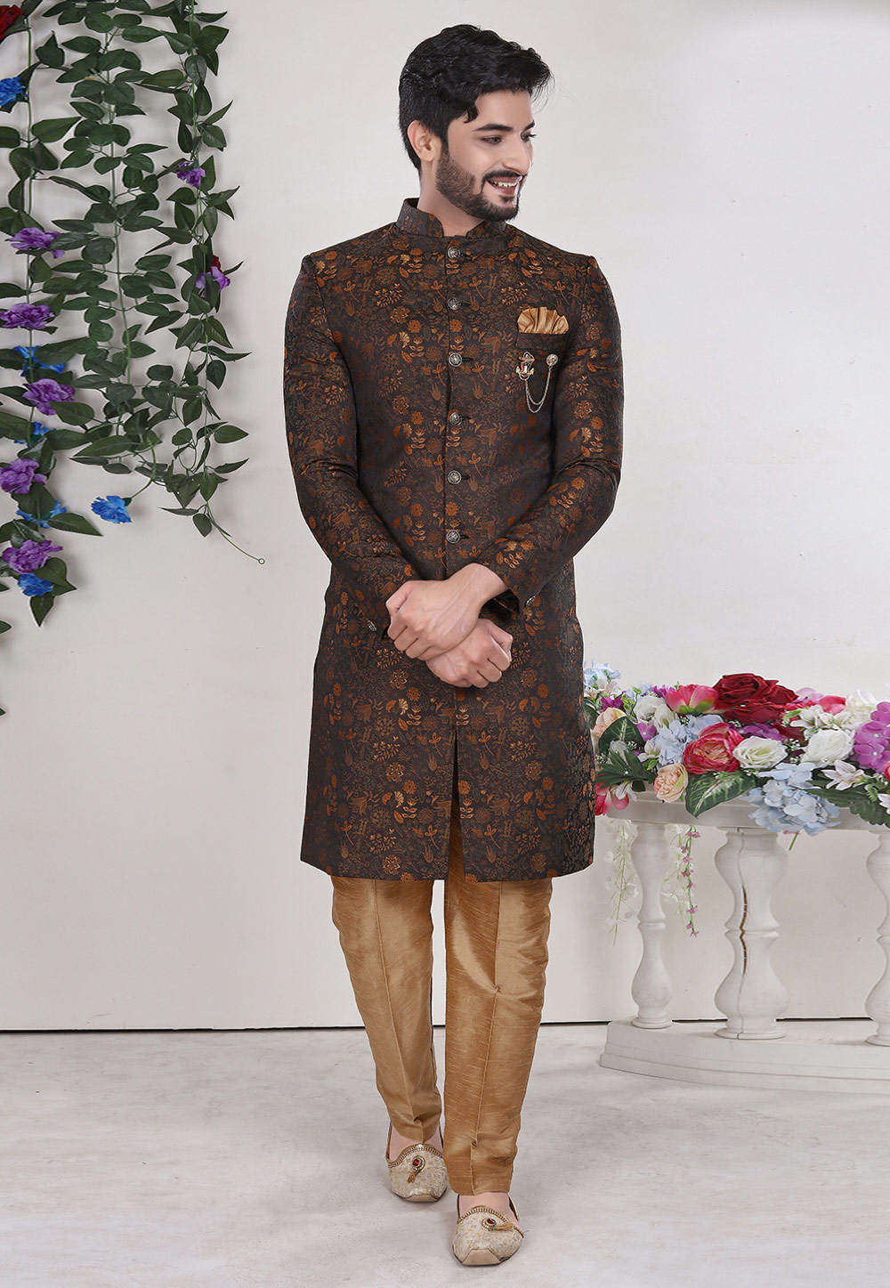 Brown Jacquard Indo Western Suit 225339