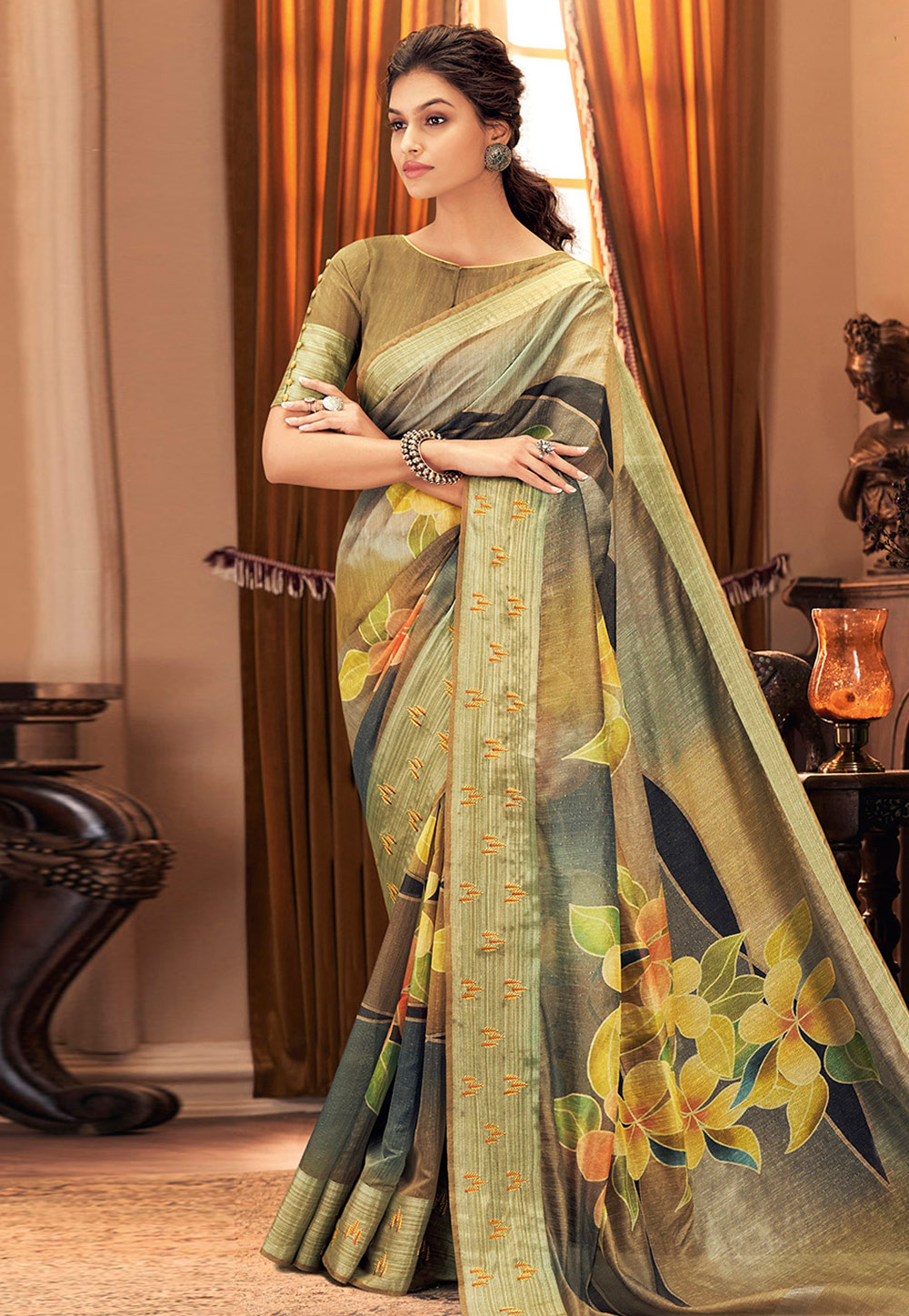 Olive Green Silk Saree With Blouse 223331