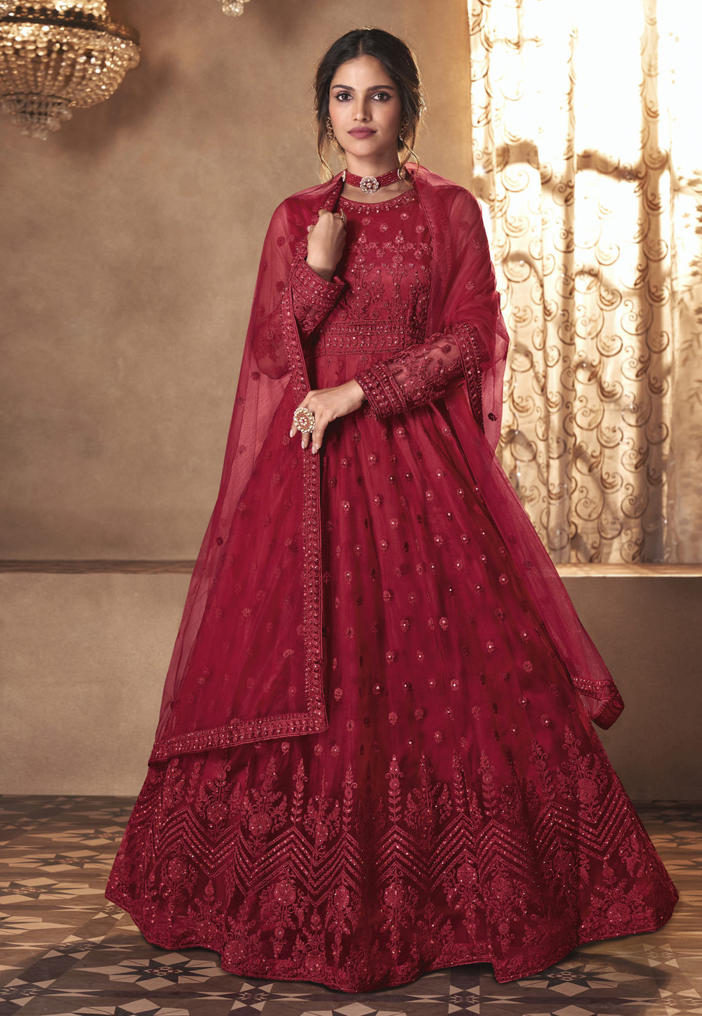 Maroon Net Embroidered Long Anarkali Suit 231669