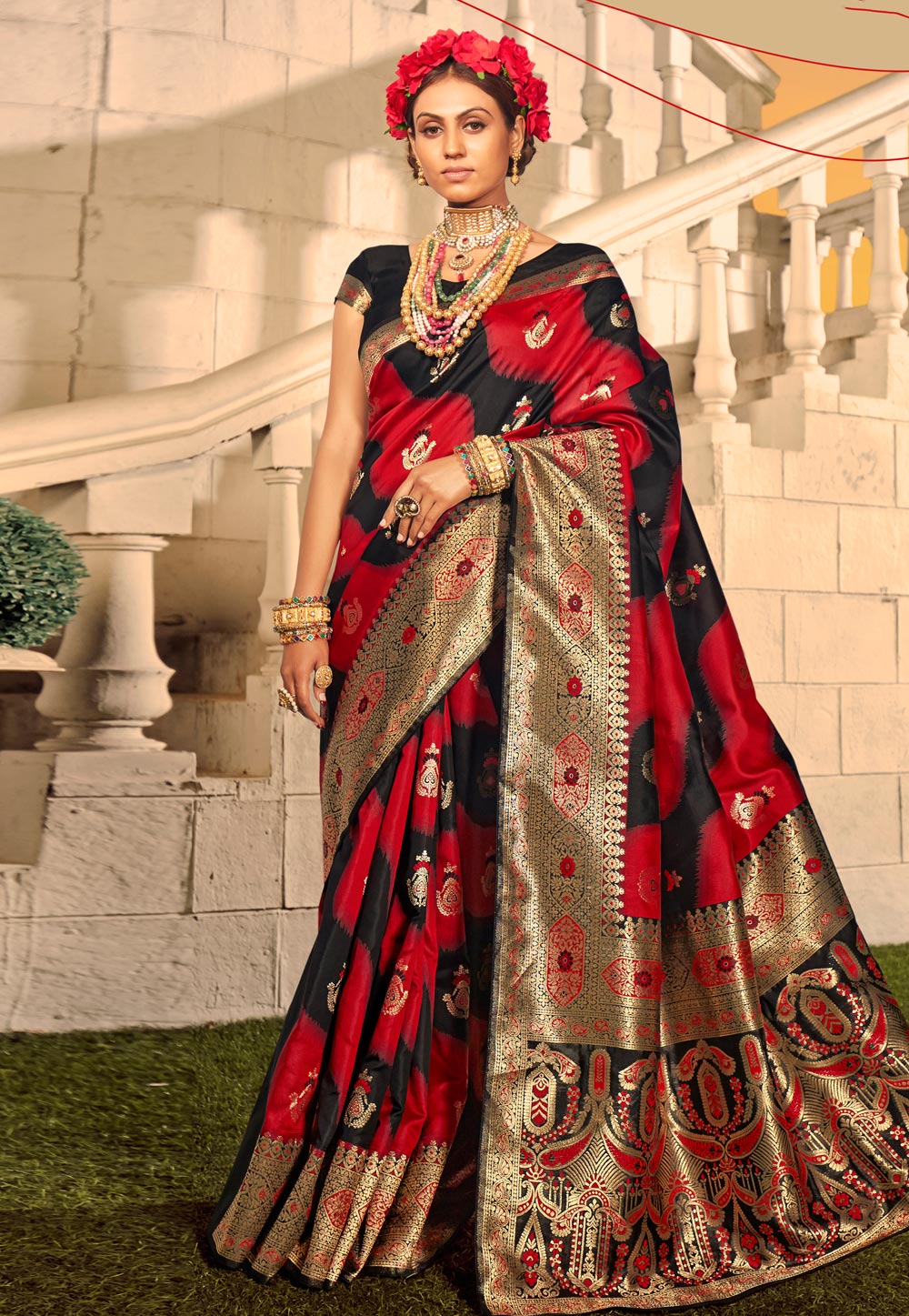 Red Banarasi Silk Saree With Blouse 223525