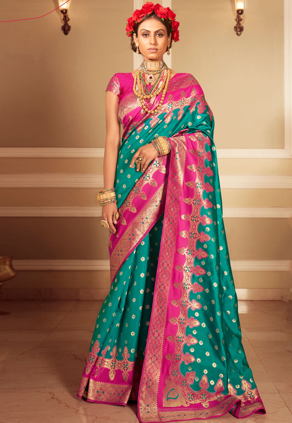 Teal Banarasi Silk Festival Wear Saree 223526