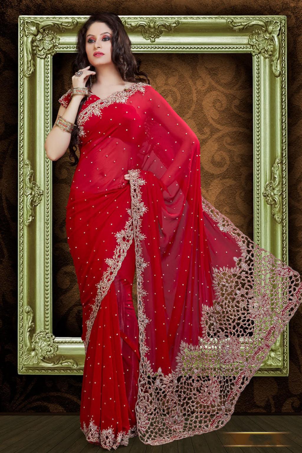 Red Cut and Stone Work Faux Georgette Bridal Saree 23382