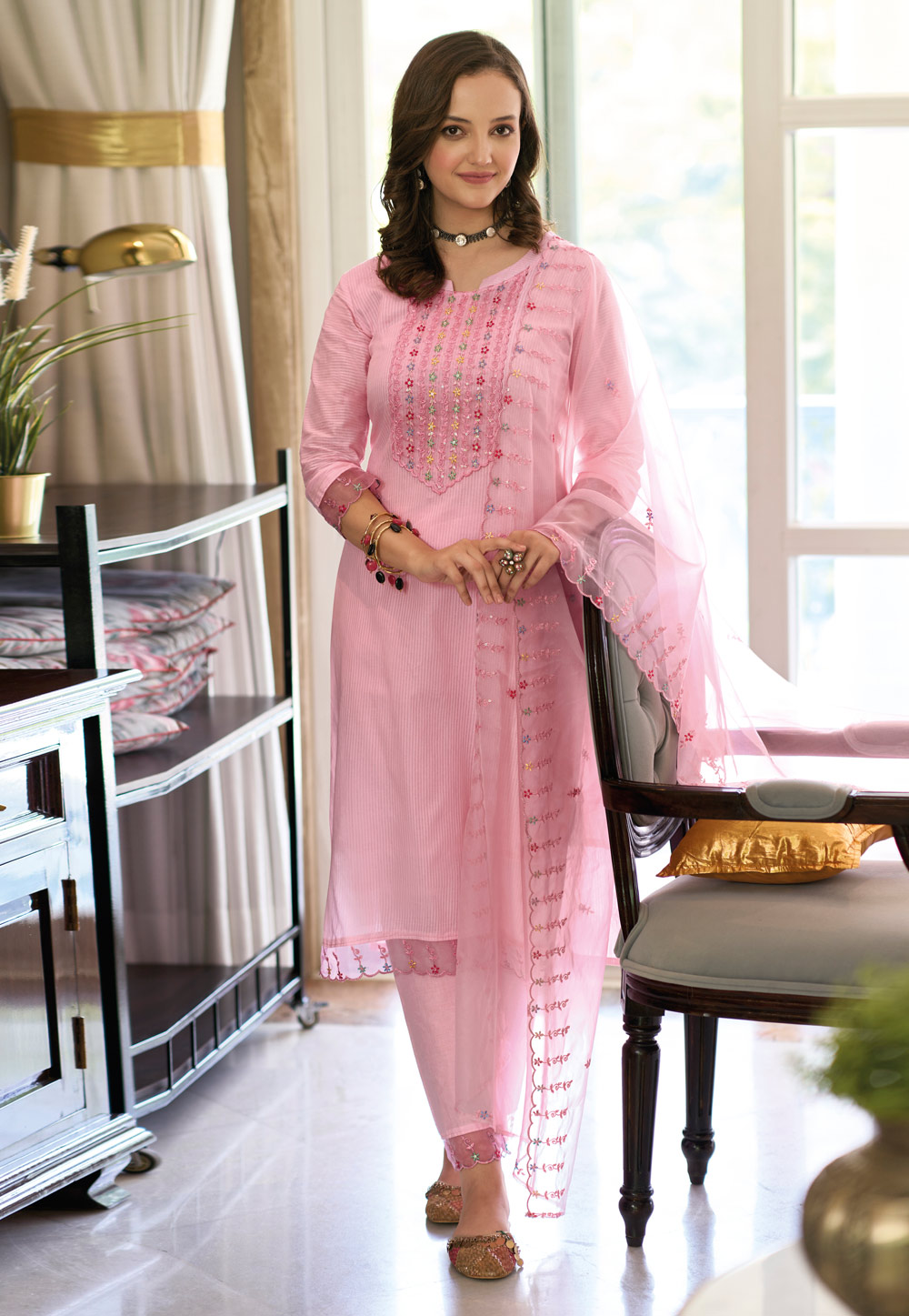 Pink Cotton Readymade Pakistani Suit 267124
