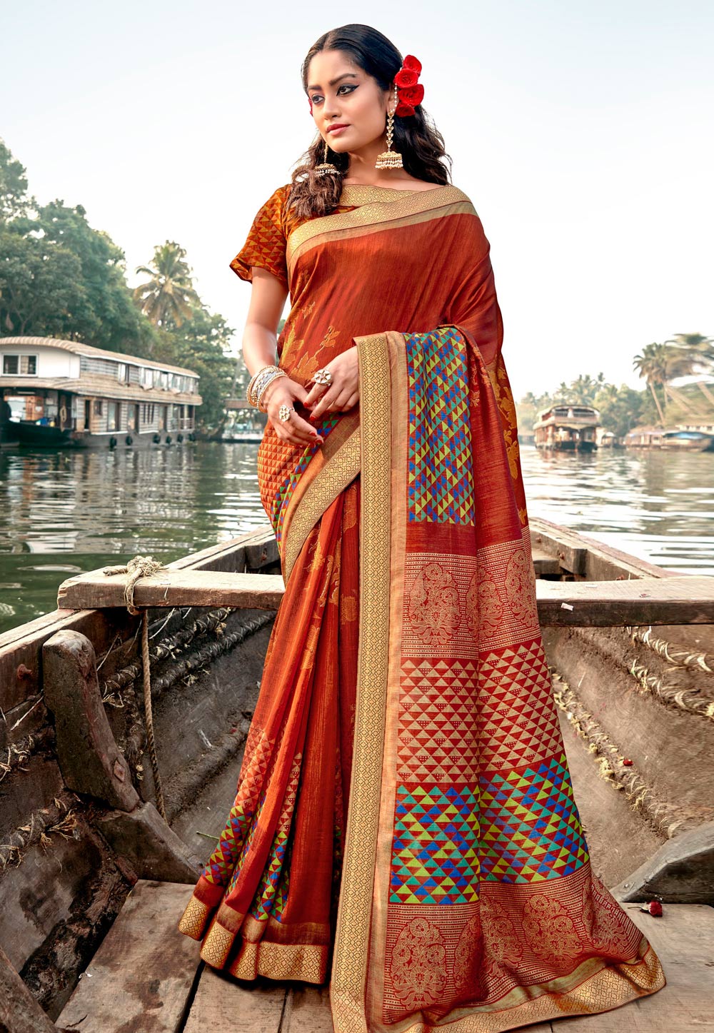 Rust Chanderi Silk Saree With Blouse 224135