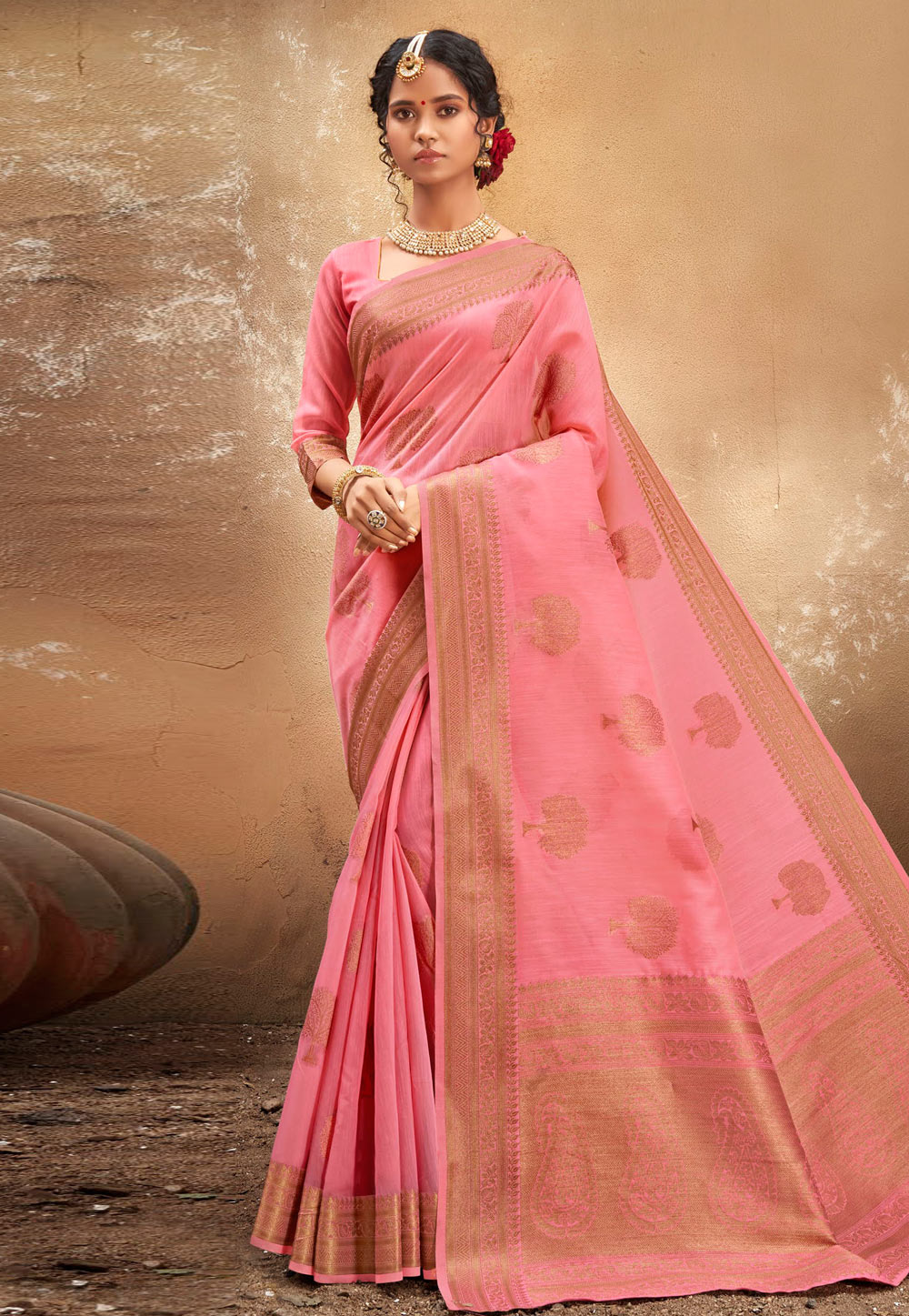 Pink Cotton Saree With Blouse 224183