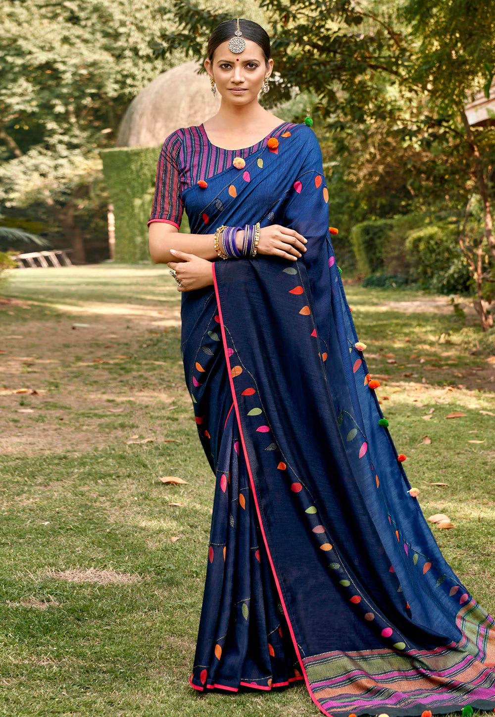 Navy Blue Chanderi Silk Saree With Blouse 224201