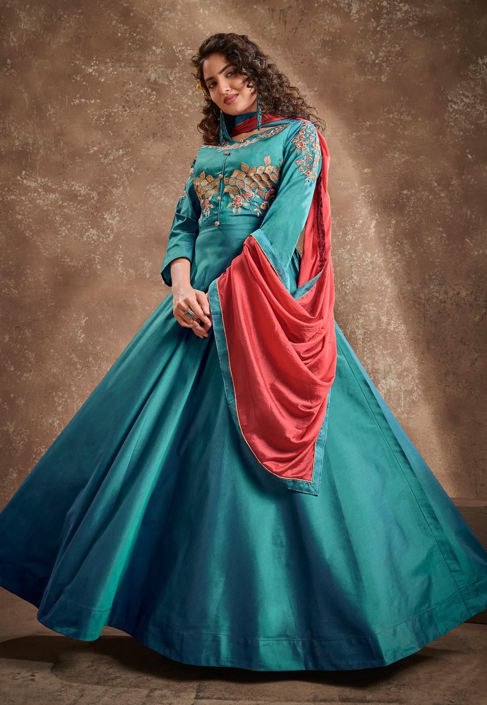 Turquoise Silk Readymade Long Anarkali Suit 223557