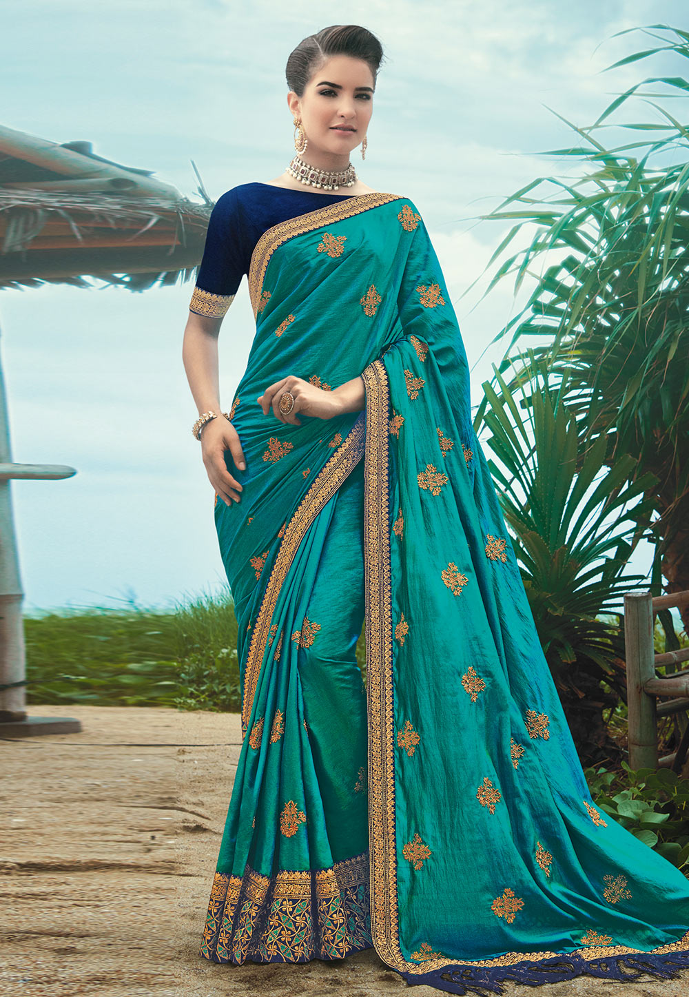 Turquoise Silk Festival Wear Saree 223547