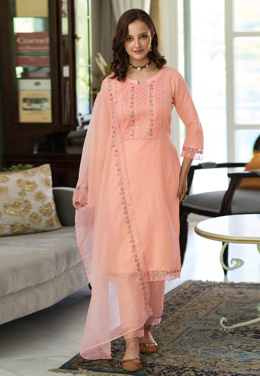 Peach Cotton Readymade Pant Style Suit 267127