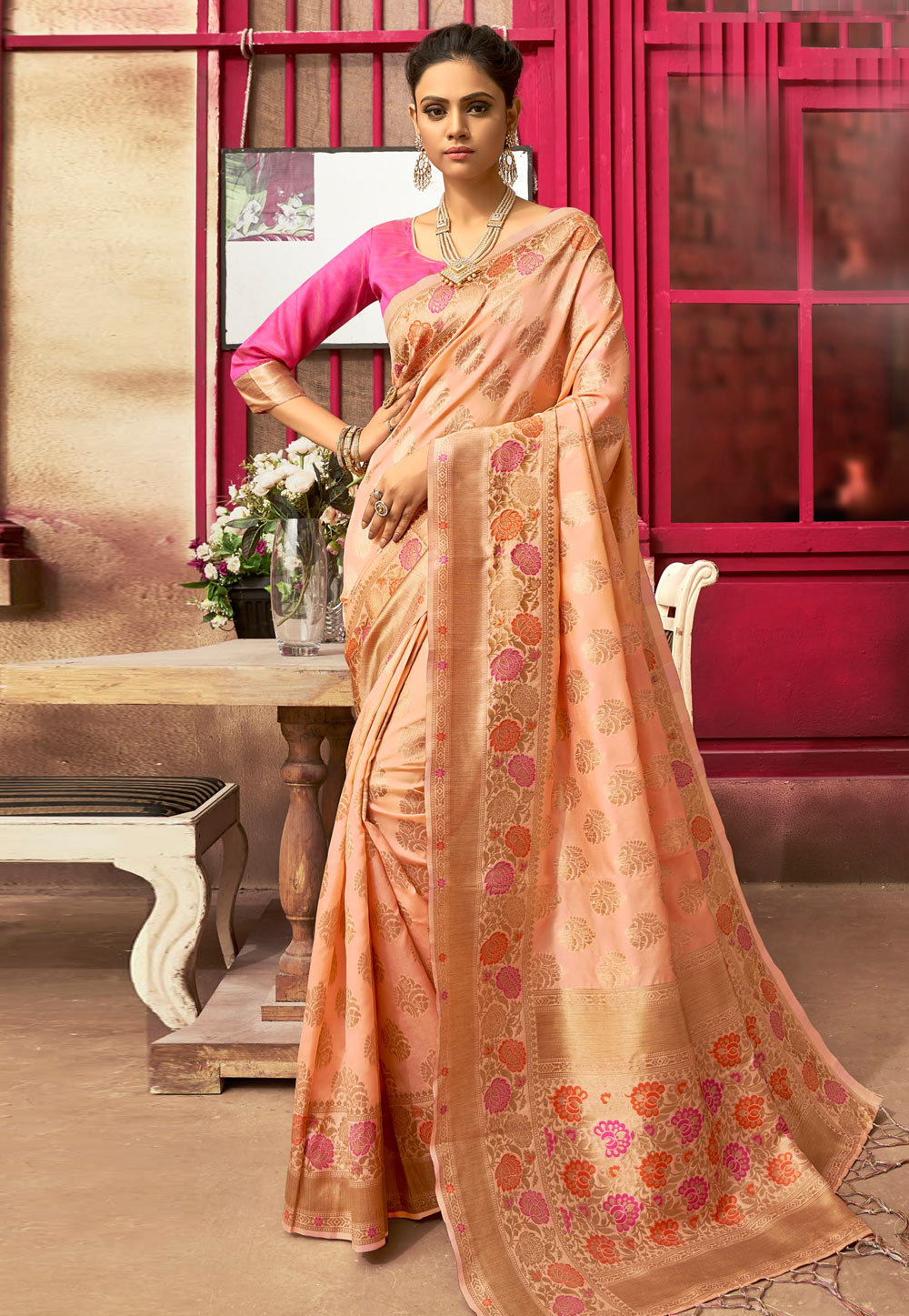 Peach Jacquard Silk Festival Wear Saree 224701