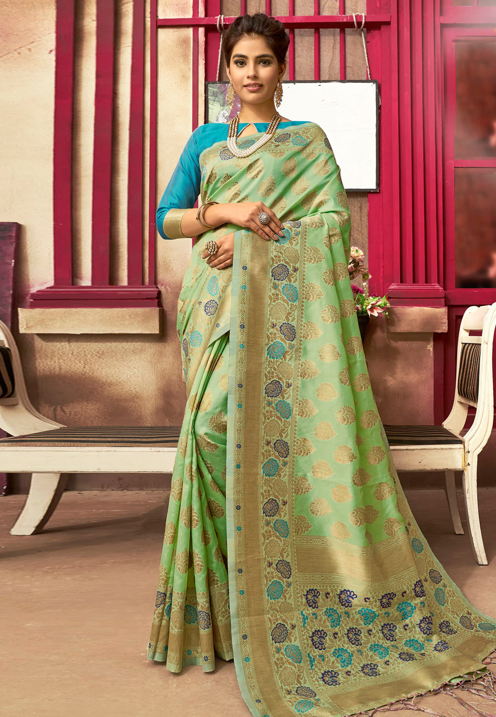 Green Jacquard Silk Saree With Blouse 224702