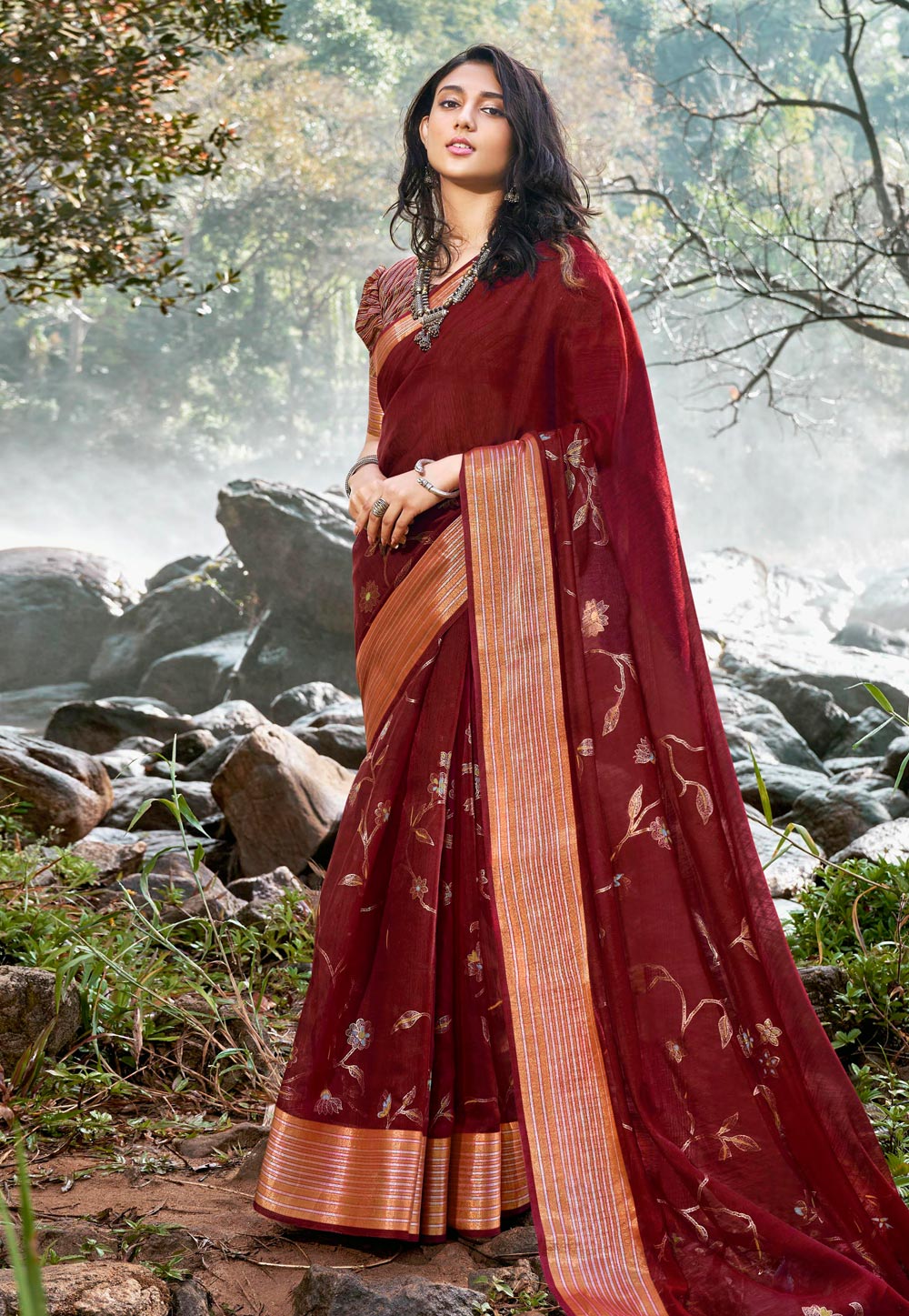 Maroon Cotton Linen Festival Wear Saree 224768