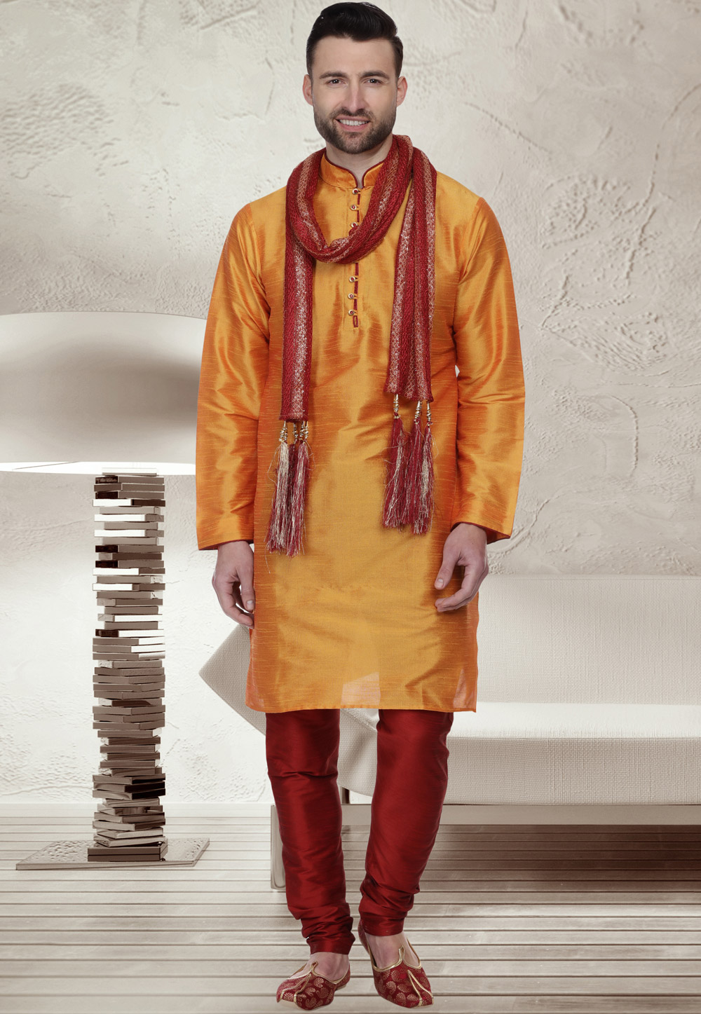 Orange Dupion Silk Readymade Kurta Pajama 160979