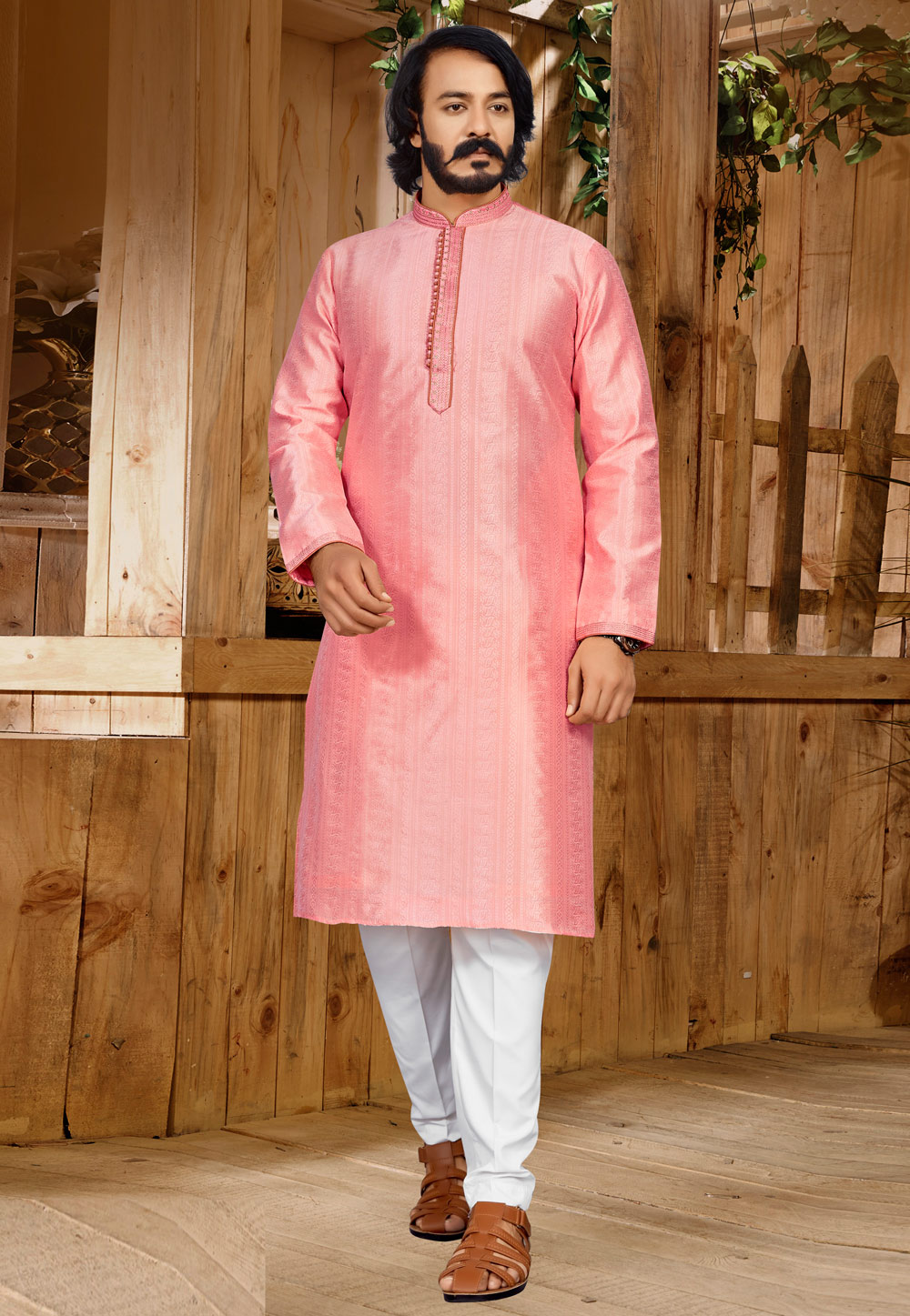 Pink Jacquard Kurta Pajama 261254