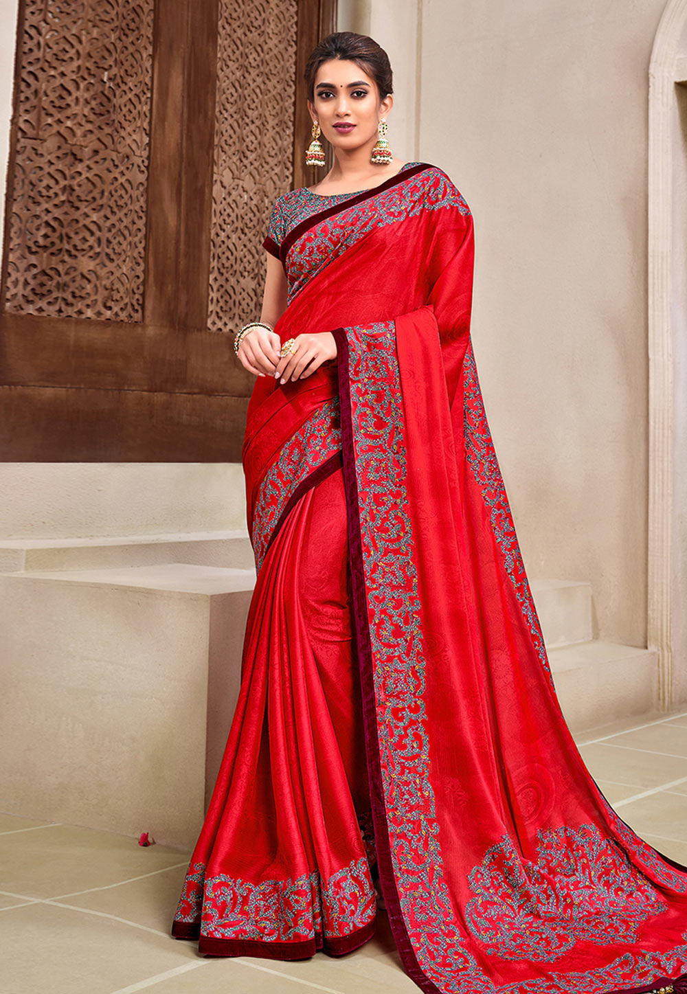 Red Silk Georgette Saree With Blouse 223359