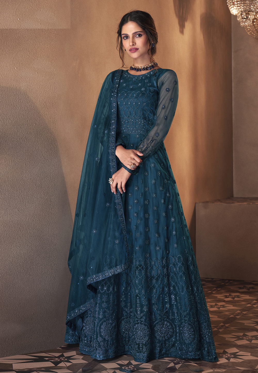 Blue Net Embroidered Long Anarkali Suit 231670