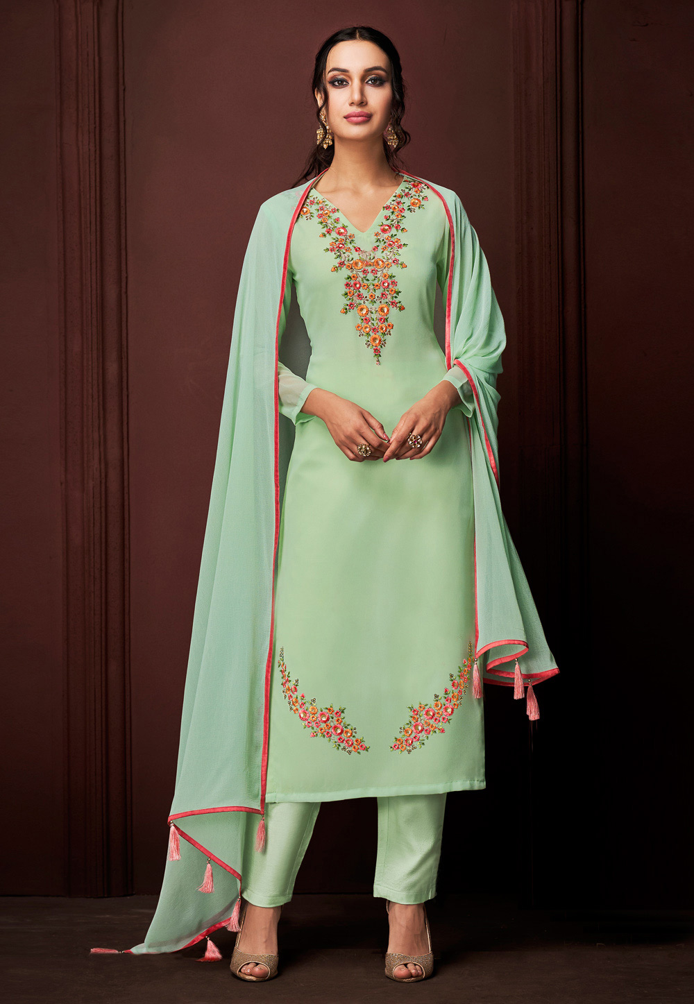 Light Green Georgette Pant Style Suit 190137