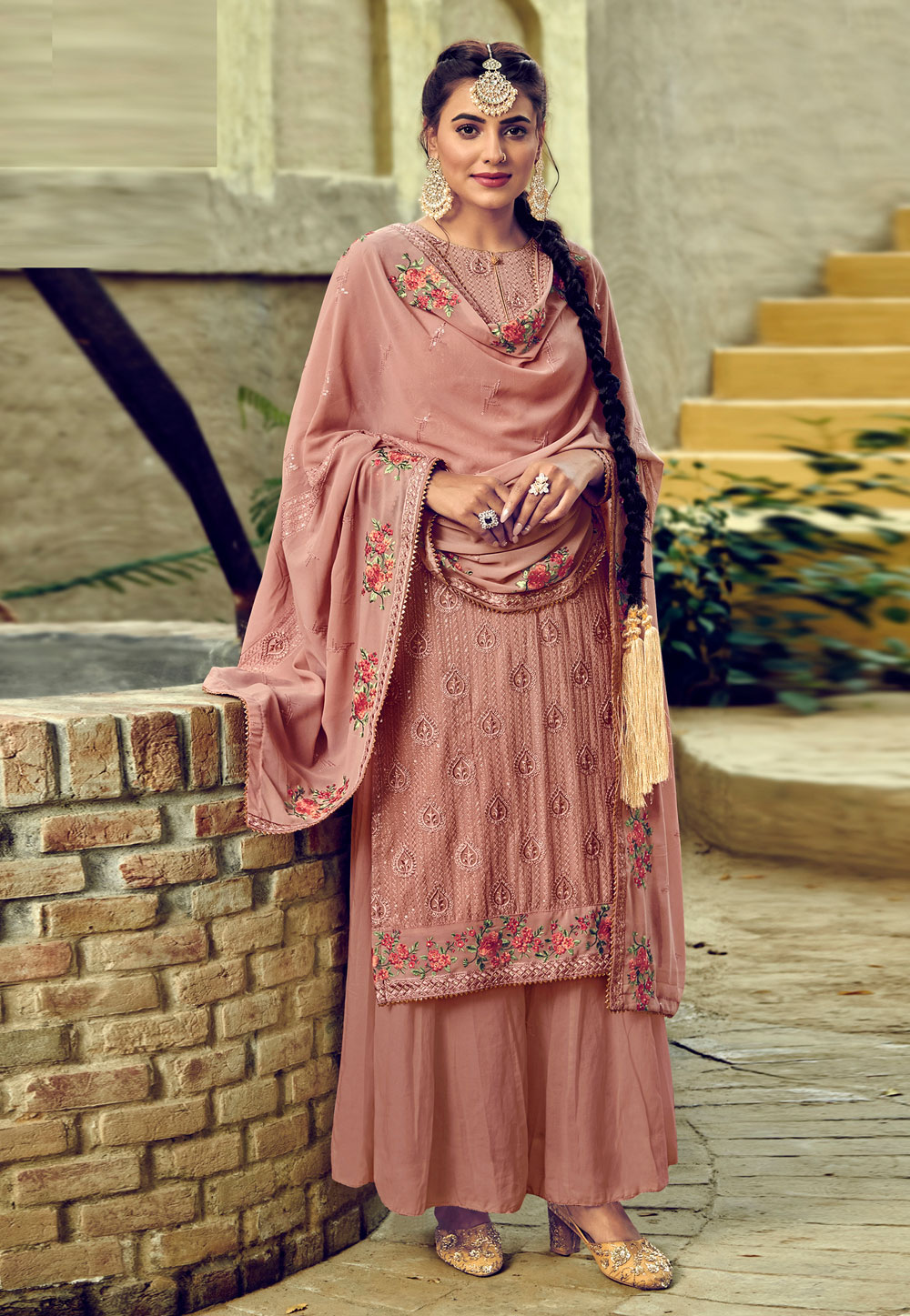 Pink Faux Georgette Palazzo Suit 212398
