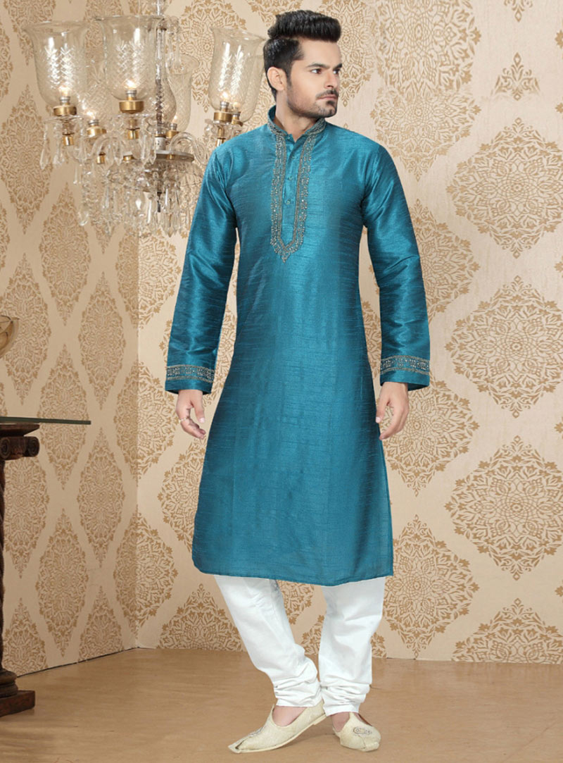 Turquoise Art Silk Readymade Kurta Pajama 87895