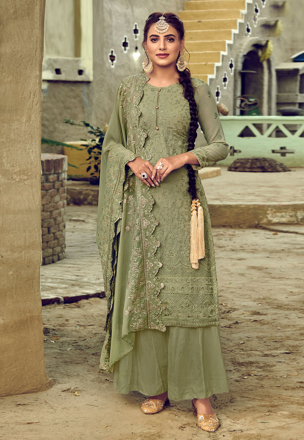 Light Green Faux Georgette Palazzo Suit 212402