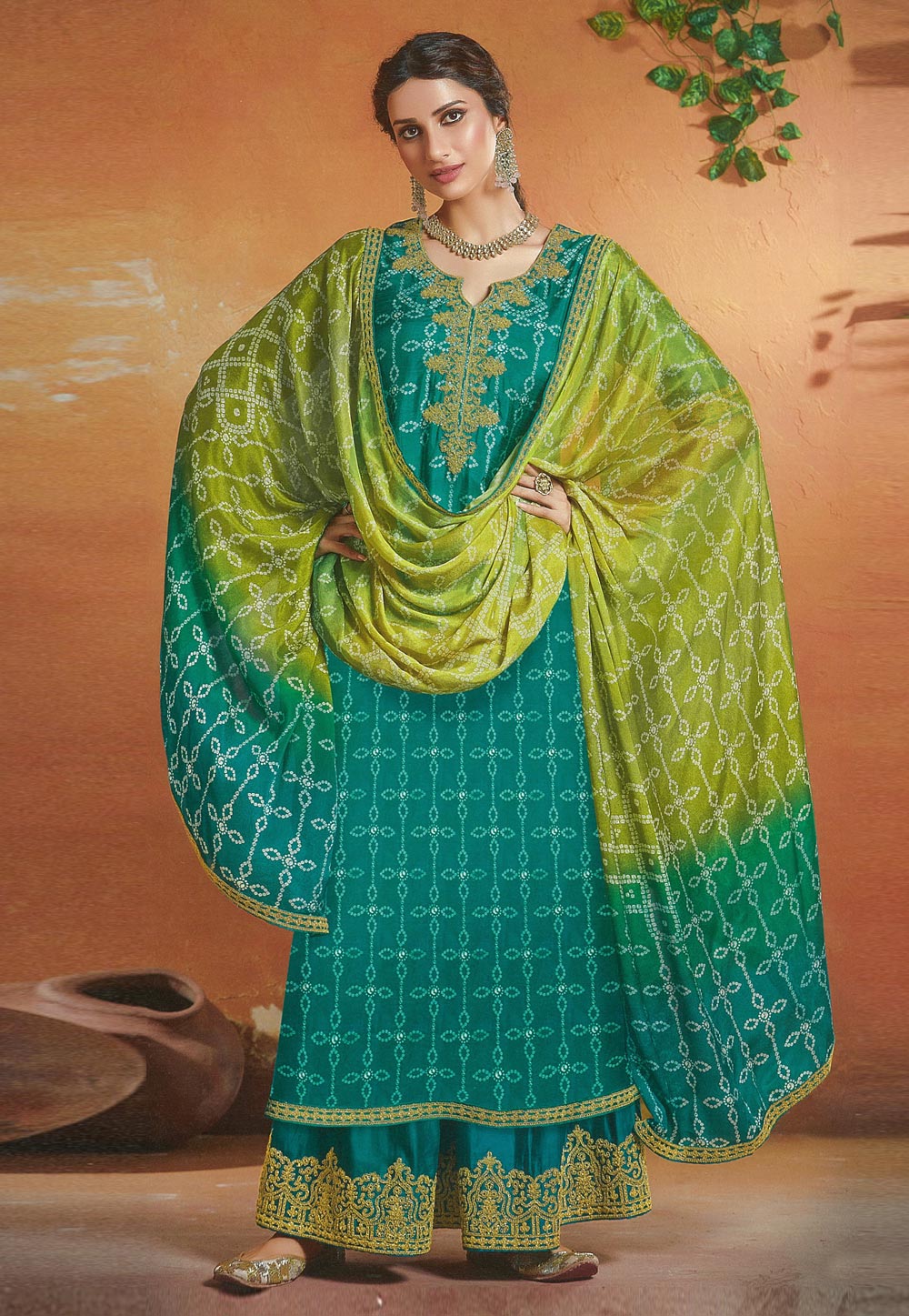 Teal Tussar Silk Palazzo Suit 225295