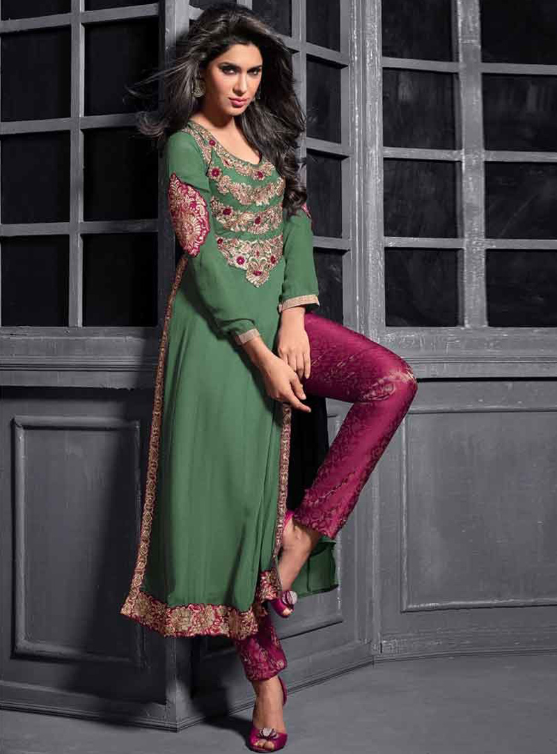 Green Georgette Pant Style Suit 87328