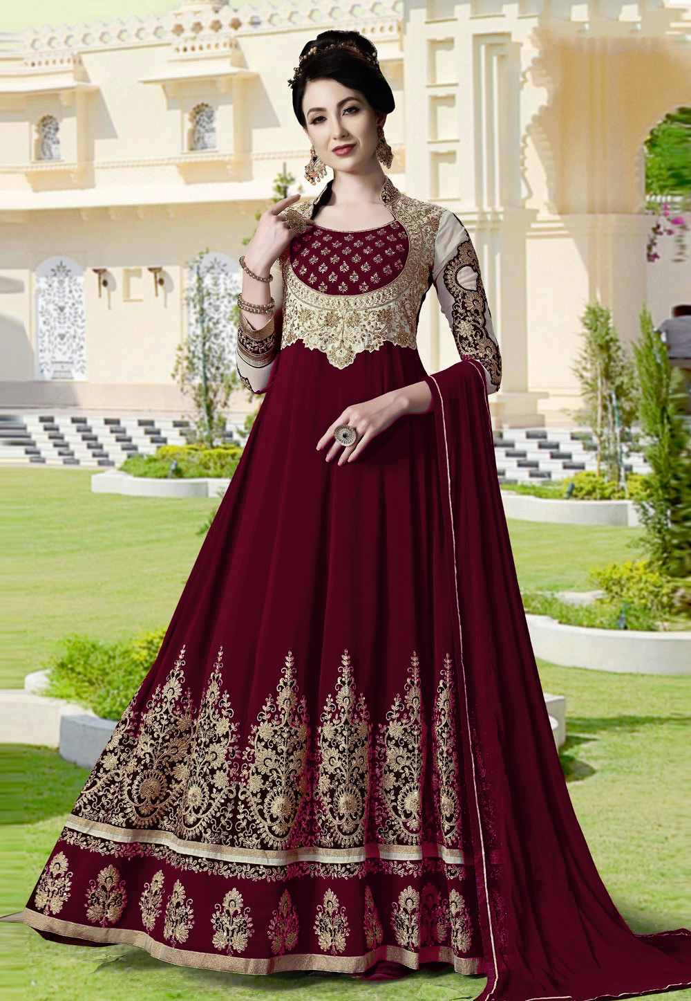 Brown Georgette Embroidered Abaya Style Anarkali Suit 186880