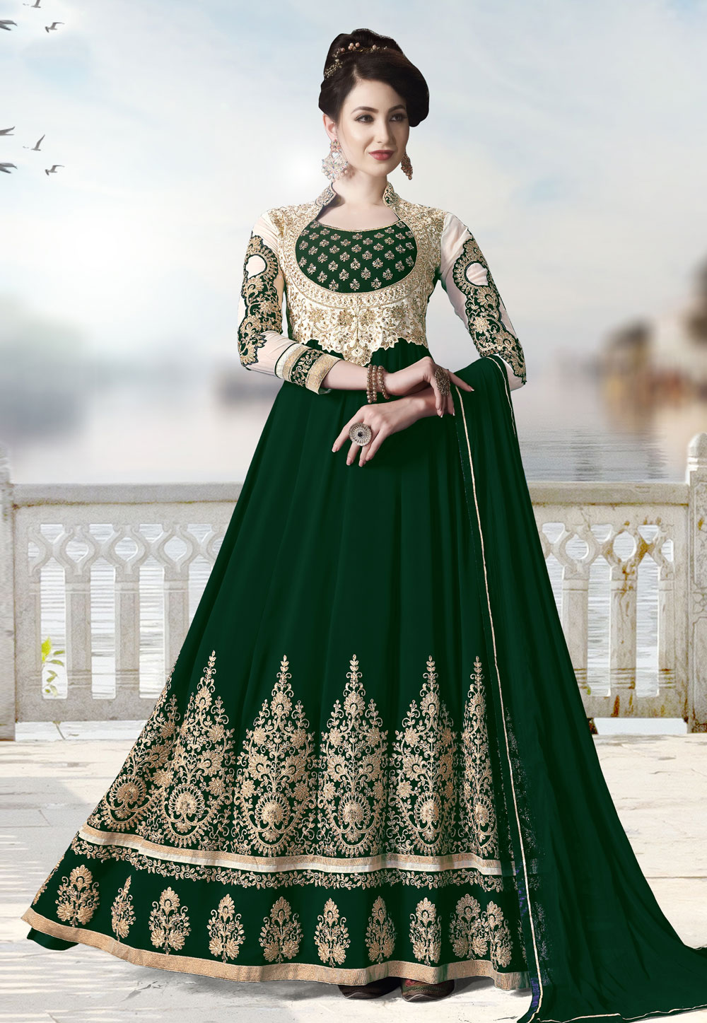 Green Georgette Embroidered Long Anarkali Suit 186881