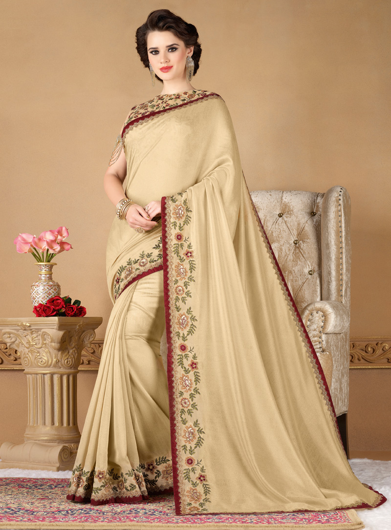 Beige Silk Saree With Embroidered Blouse 121413