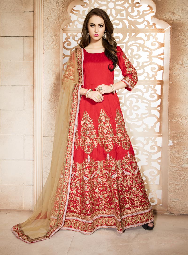 Red Banglori Silk Long Anarkali Suit 72702