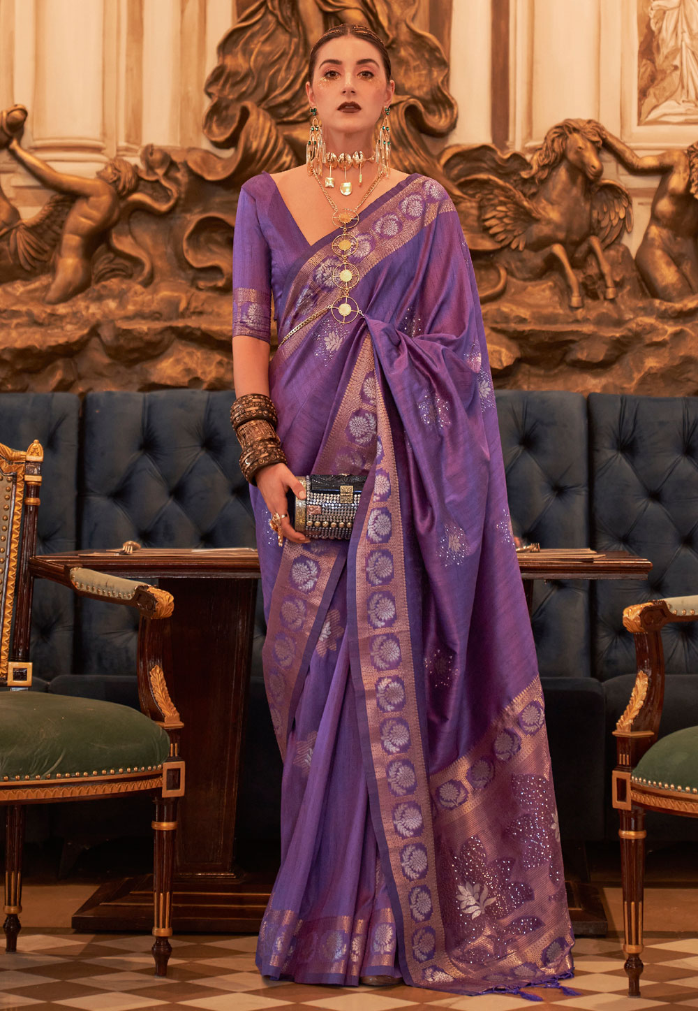 Violet Tussar Silk Saree With Blouse 259751