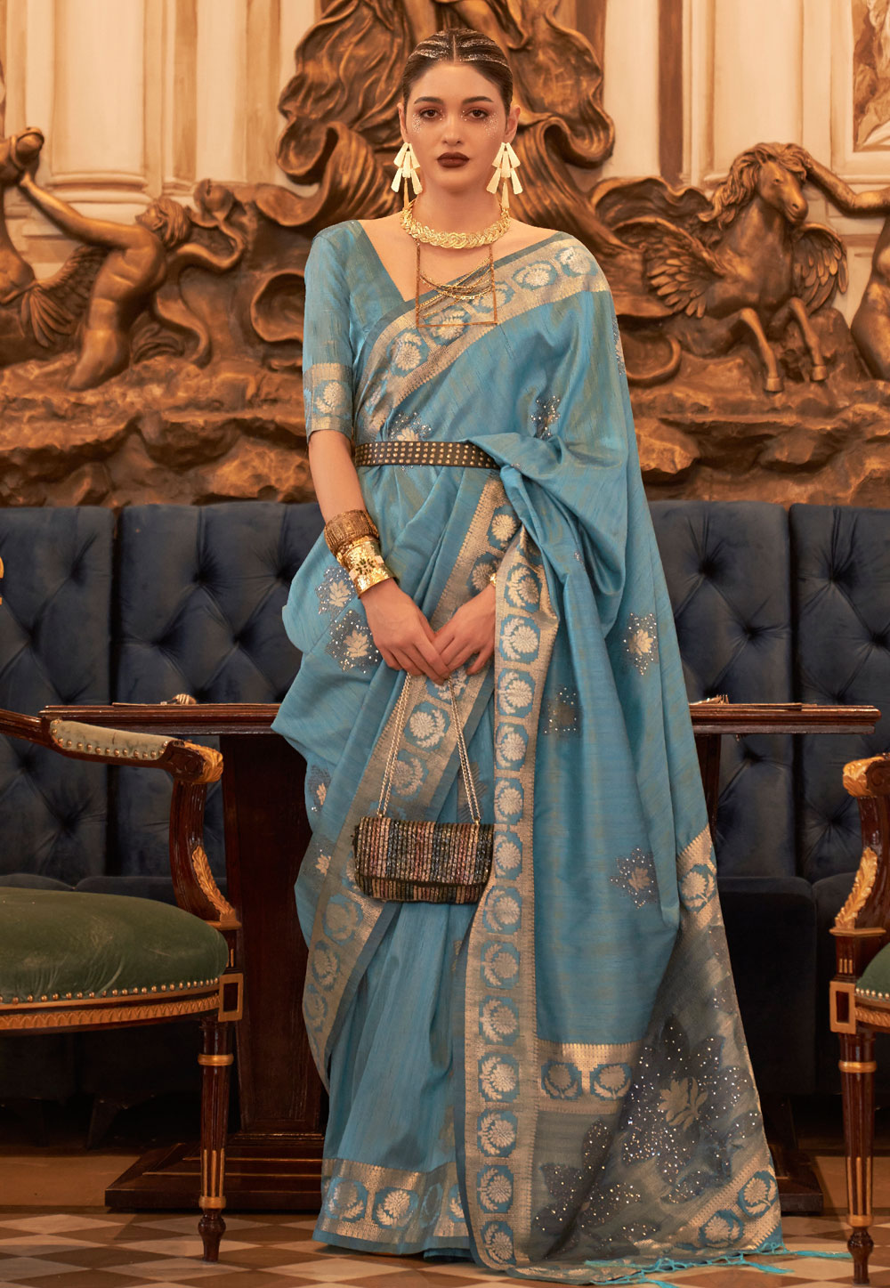 Light Blue Tussar Silk Saree With Blouse 259752
