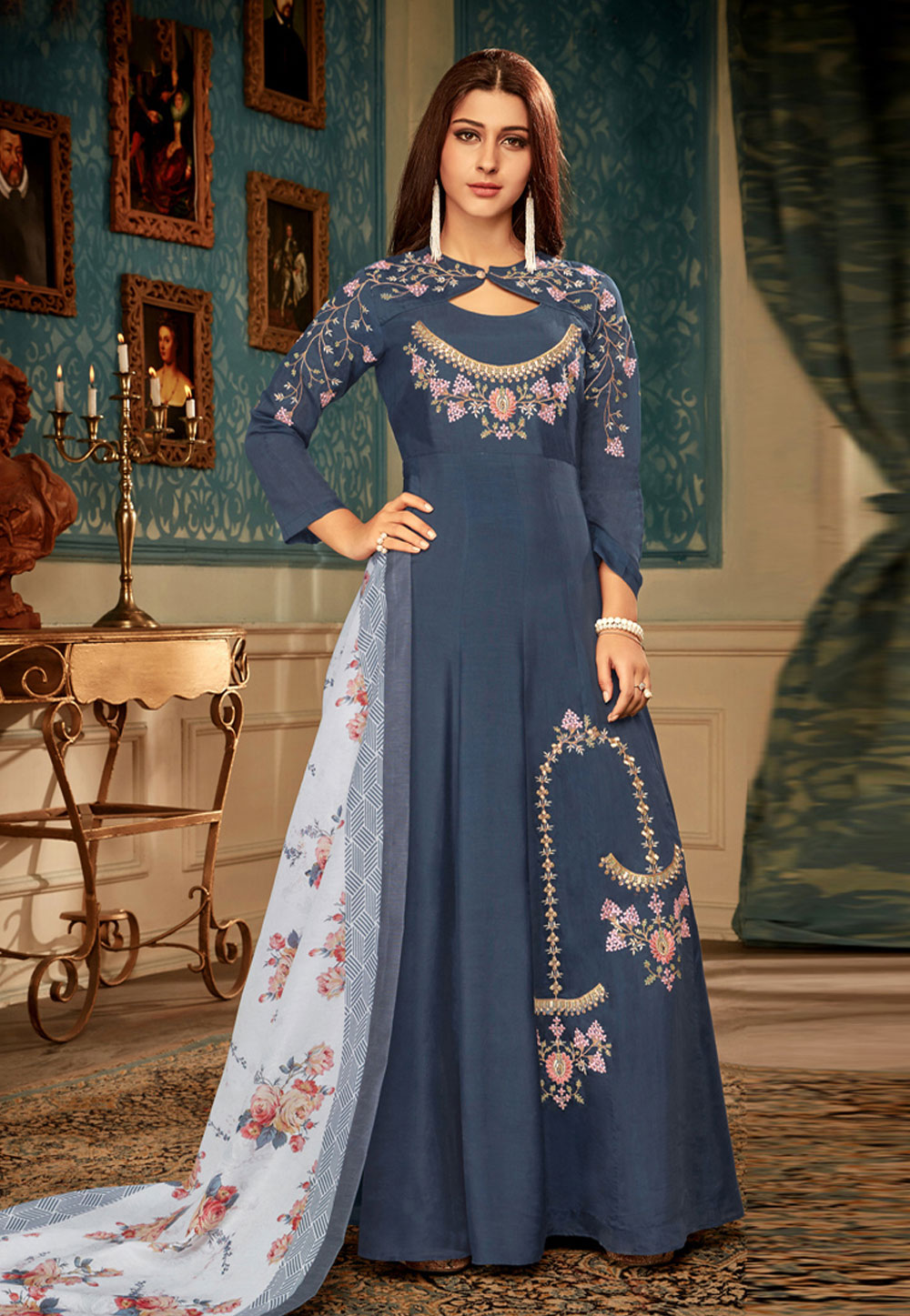 Blue Muslin Readymade Abaya Style Anarkali Suit 202619