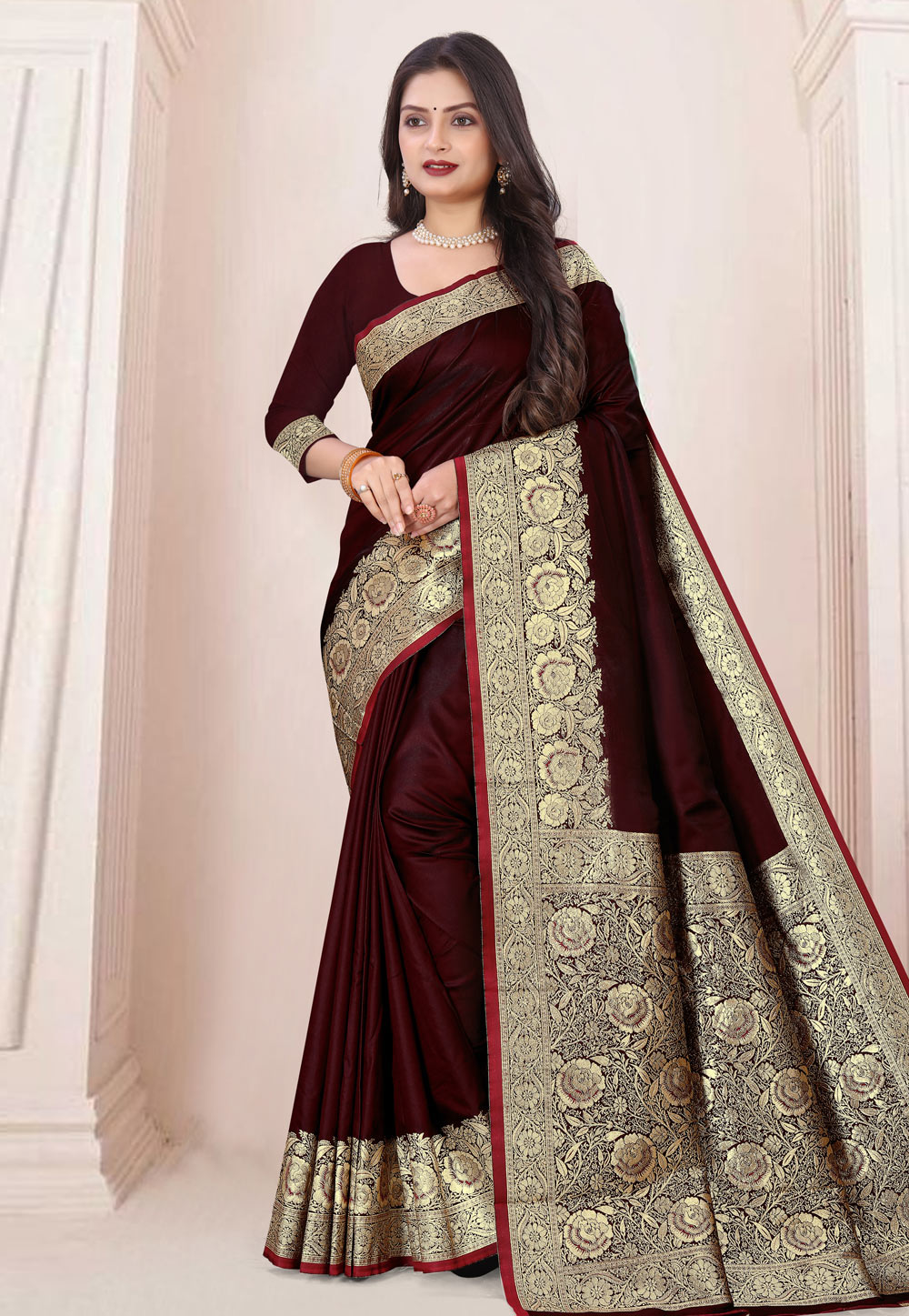 Maroon thread embroidery jimmy choo saree with buttas on its body,  intricate embroidered border