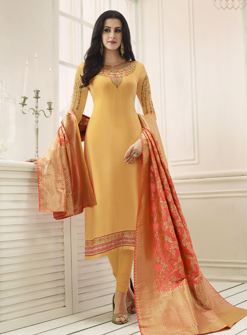 Yellow Georgette Kameez With Churidar 136502