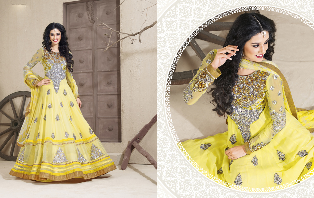 Yellow Faux Georgette Embroidered Long Anarkali Style Suit 31045