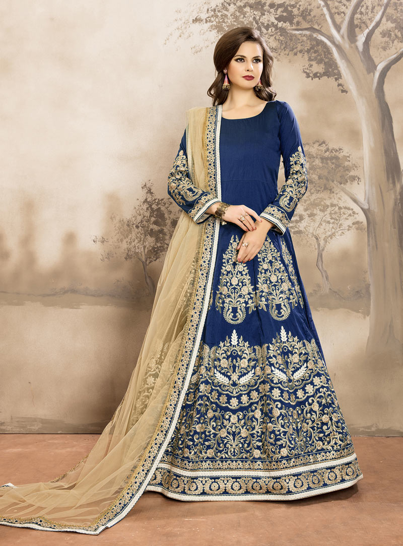 Navy Blue Taffeta Silk Floor Length Anarkali Suit 91634