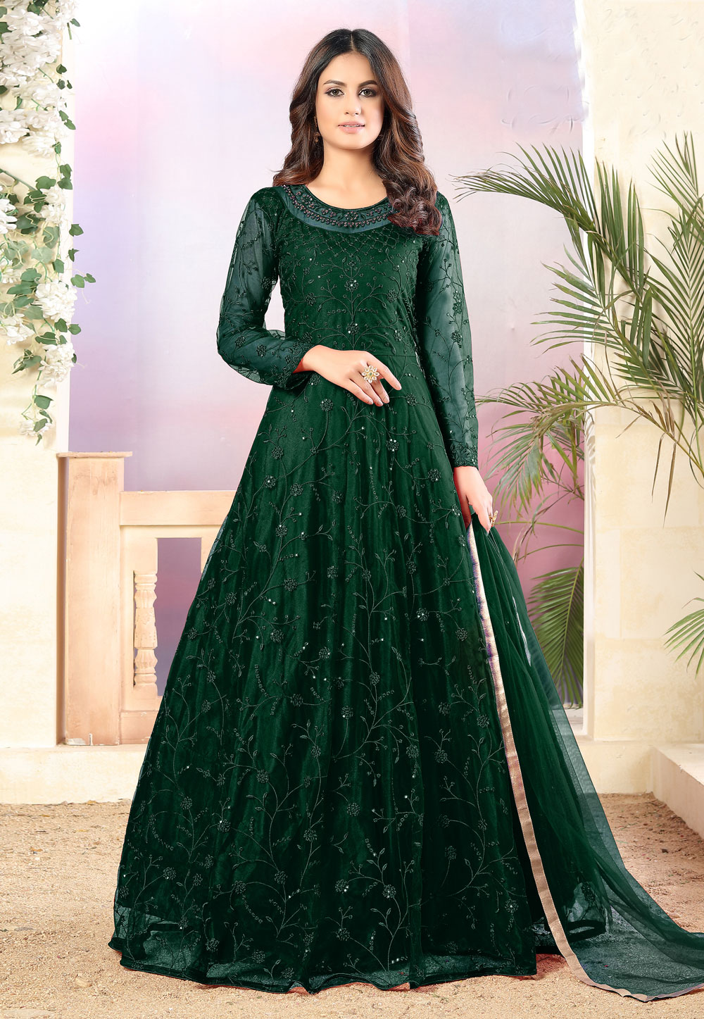 Green Net Embroidered Abaya Style Anarkali Suit 211897