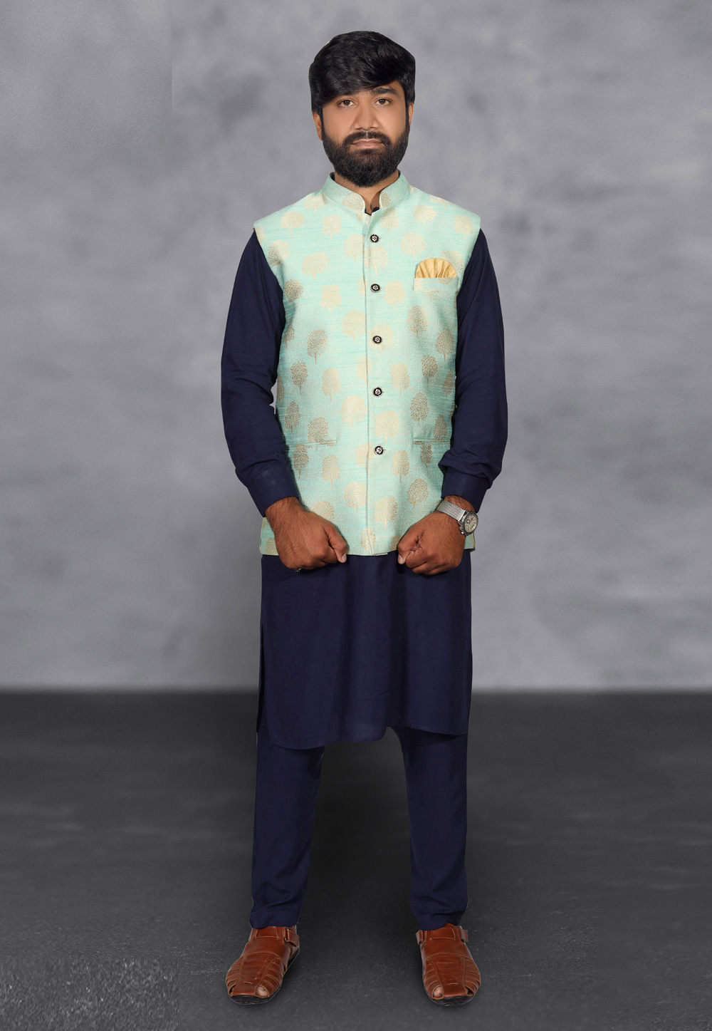 Navy Blue Cotton Kurta Pajama With Jacket 216741