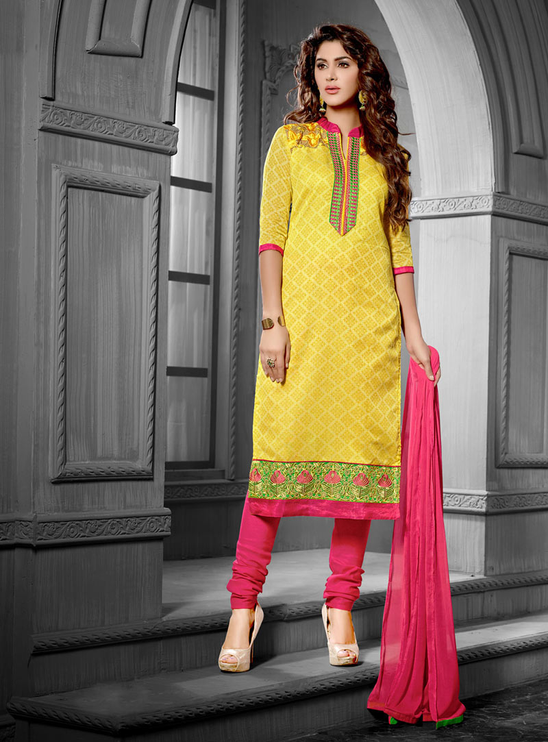 Yellow Chanderi Cotton Churidar Suit 59486