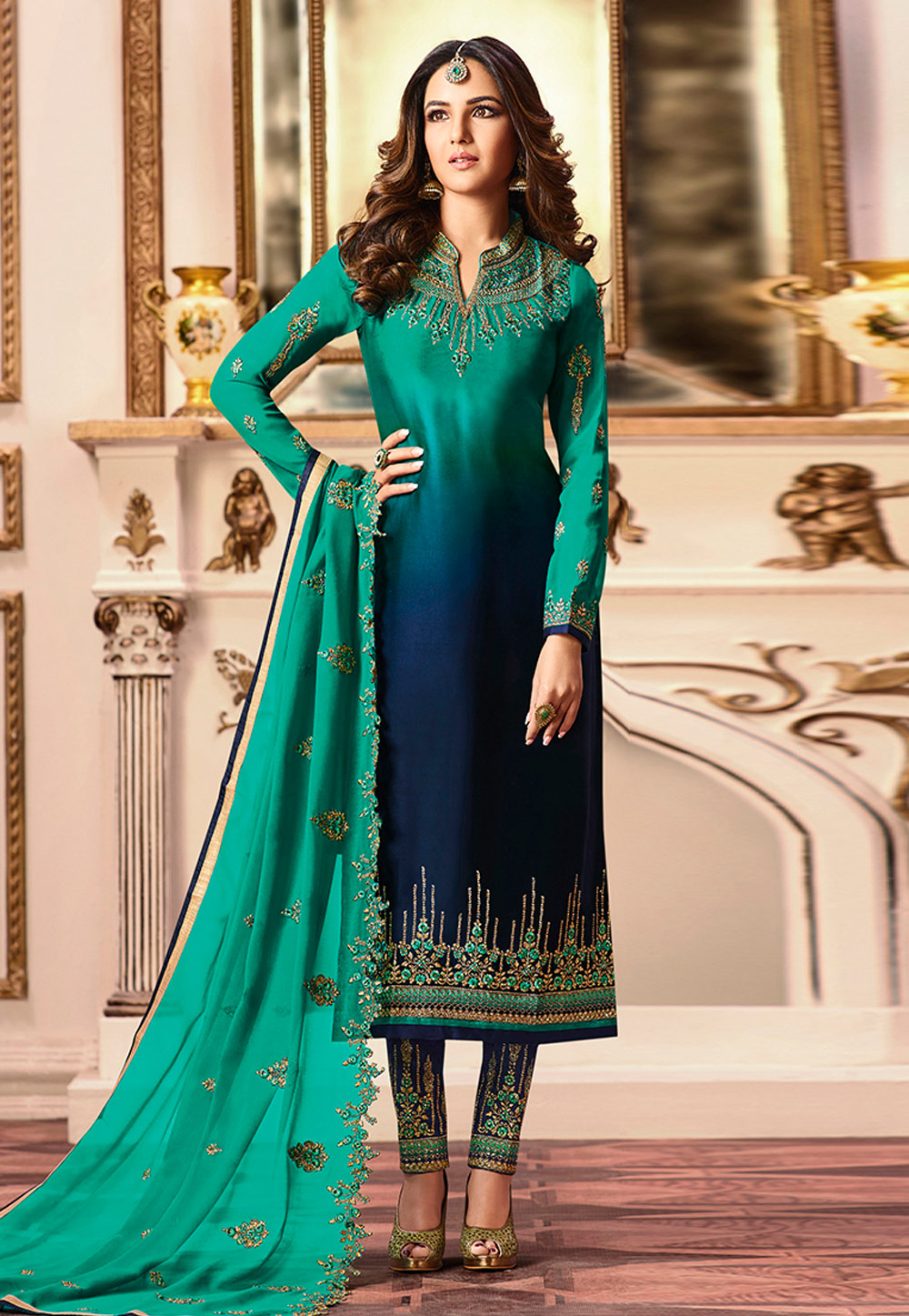 Jasmin Bhasin Sea Green Satin Embroidered Kameez With Pant 165669