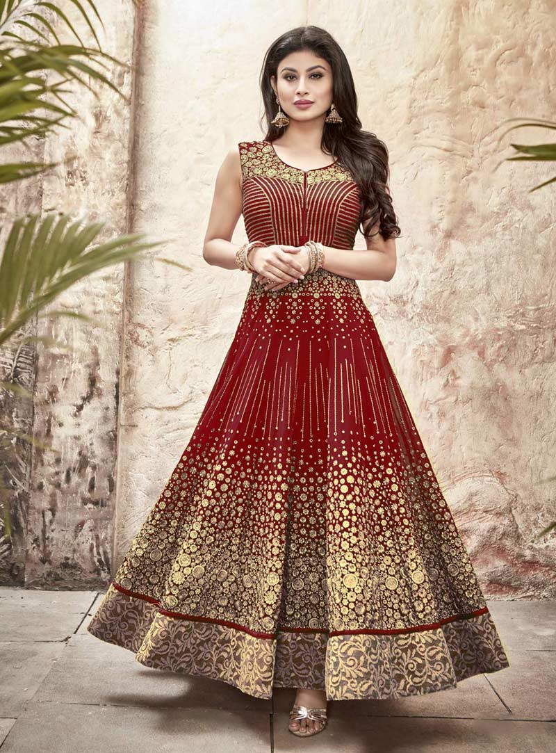 Mouni Roy Red Faux Georgette Ankle Length Anarkali Suit 76041