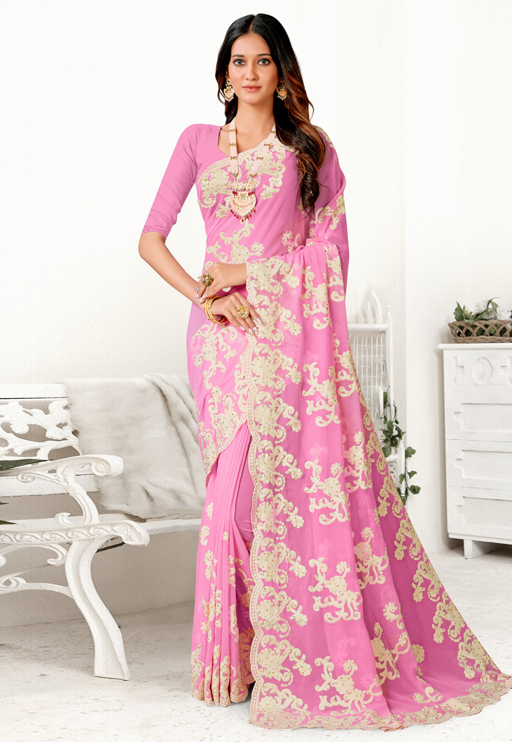 Pink Georgette Saree With Blouse 257059