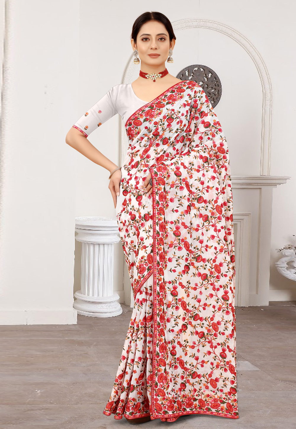 White Georgette Saree With Blouse 241605