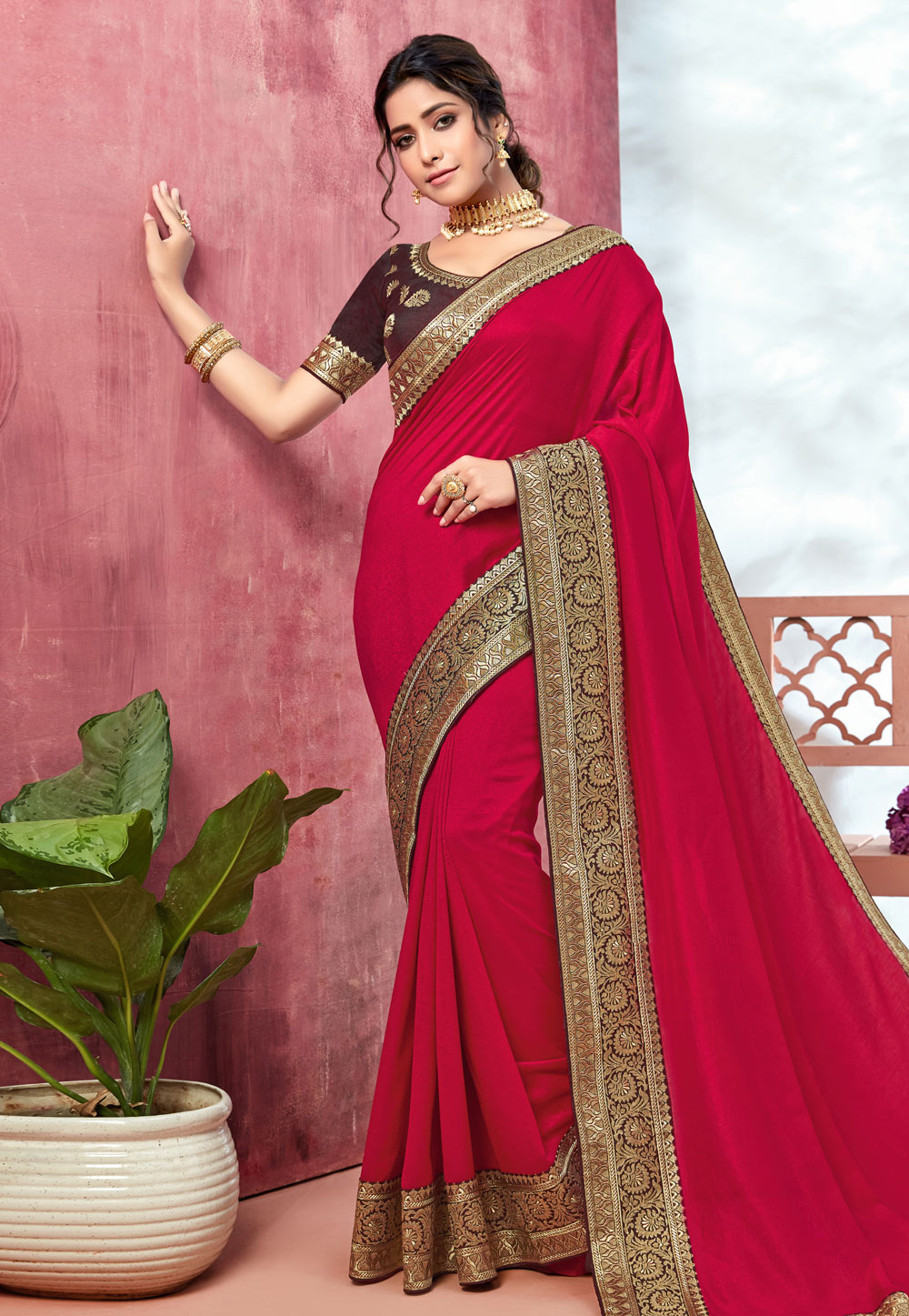 Pink Chinon Saree With Blouse 202414