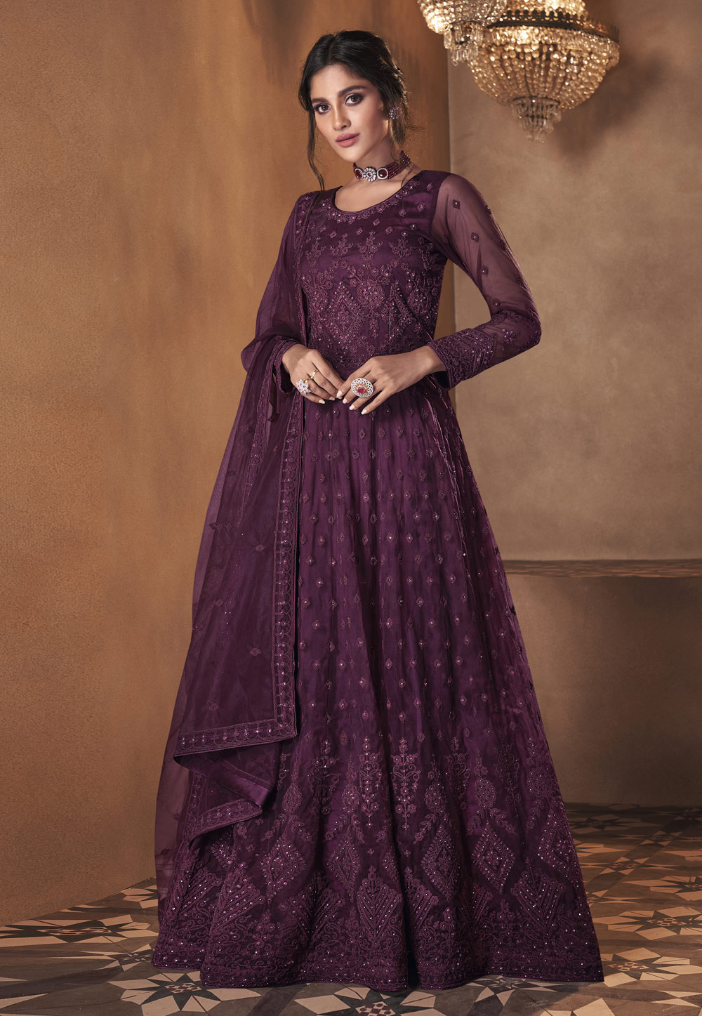 Purple Net Embroidered Long Anarkali Suit 231671