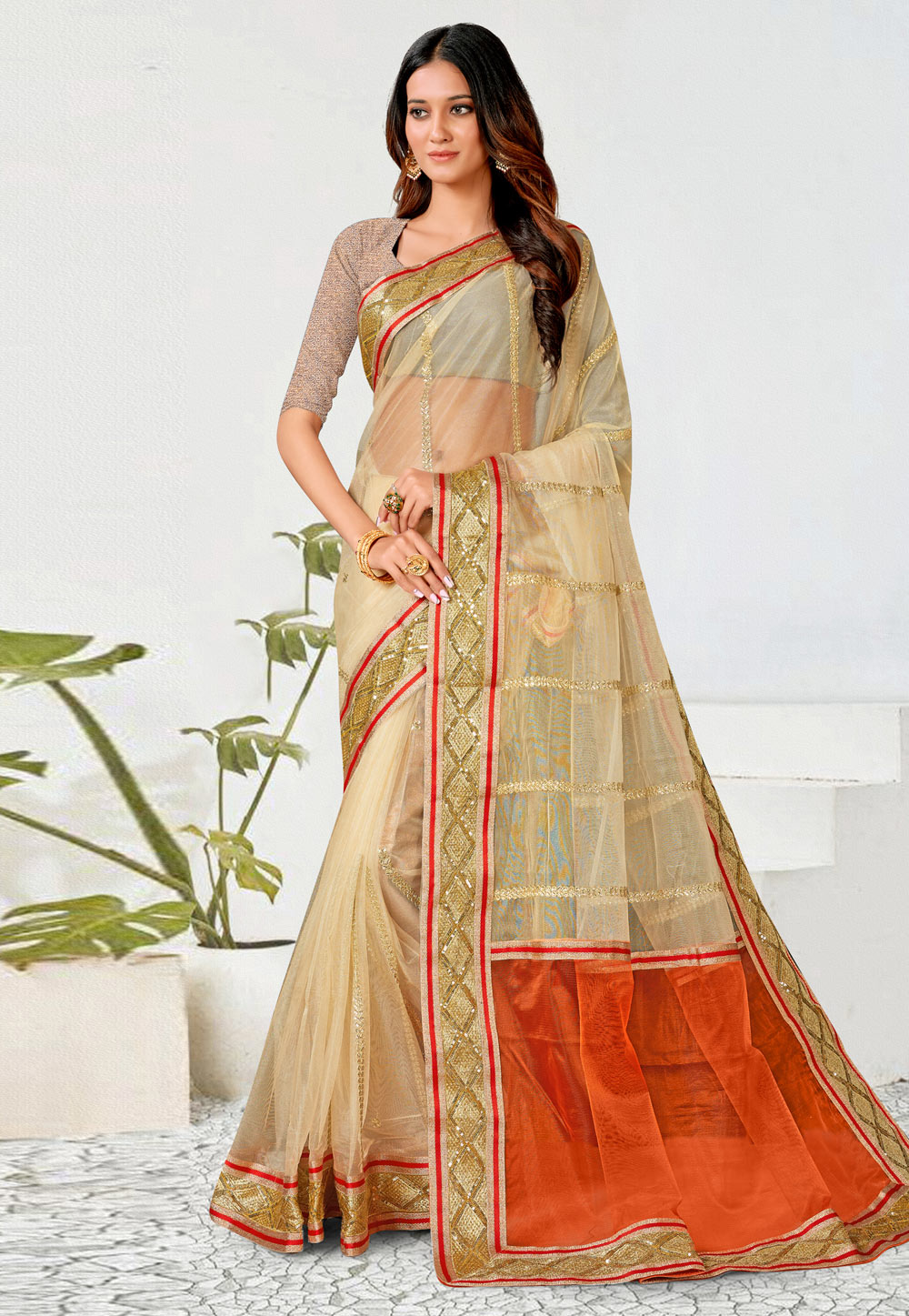 Beige Net Saree With Blouse 257065
