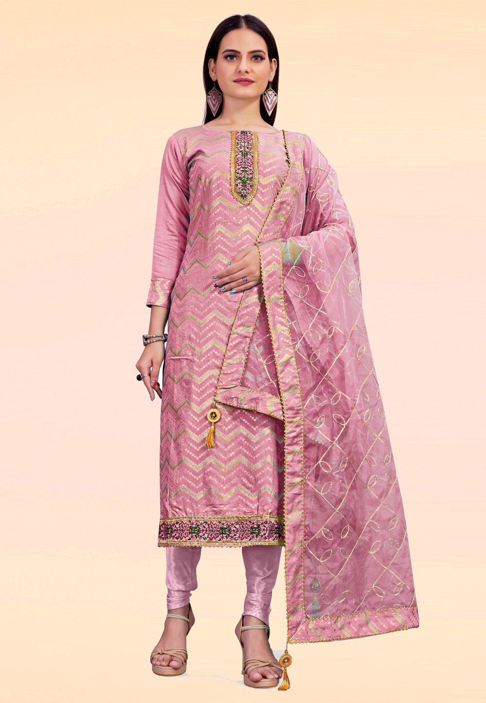 Pink Chanderi Churidar Suit 237955