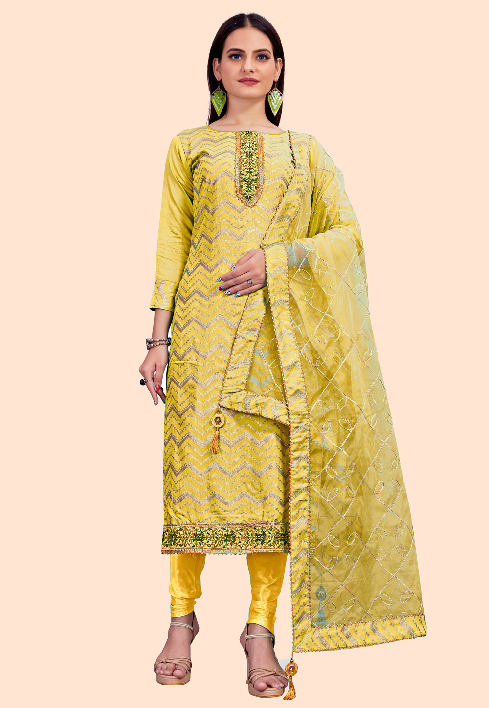 Yellow Chanderi Churidar Salwar Suit 237956